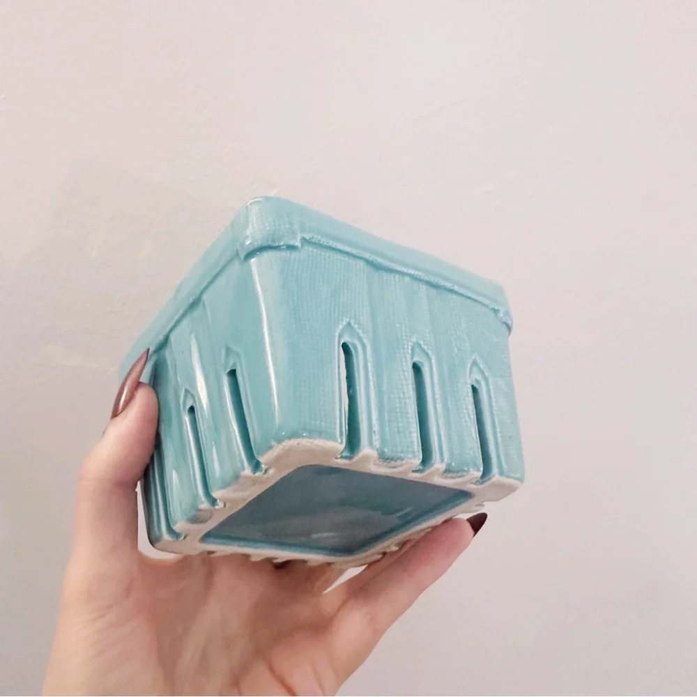 Anthropologie Ceramic Berry Basket Teal Blue Storage Container Bowl